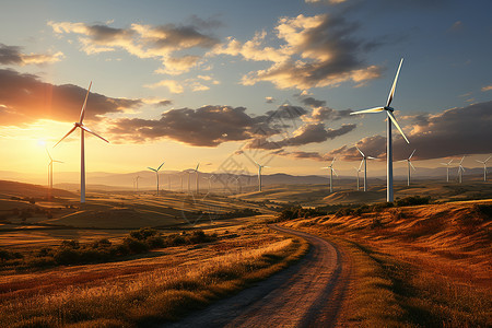 夕阳下的乡间风力发电机背景图片