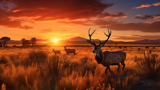 夕阳下的鹿群背景图片