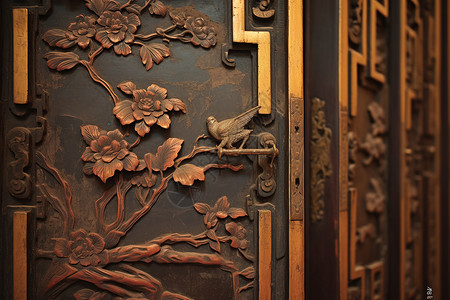 古朴花纹古朴木艺门上的铜雕背景