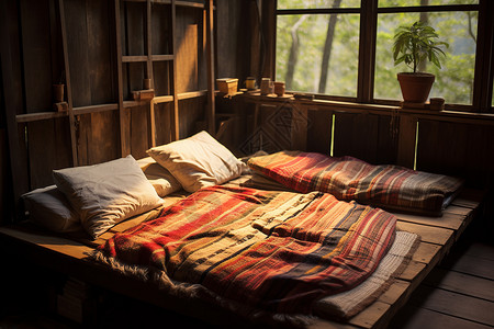 简易木屋木屋里简易木床背景