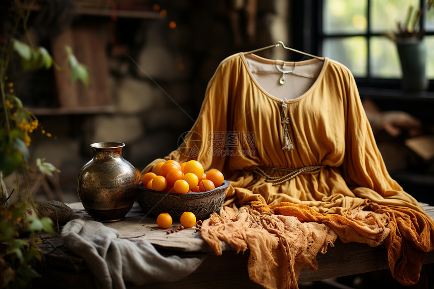 木桌上的服饰和杏子图片