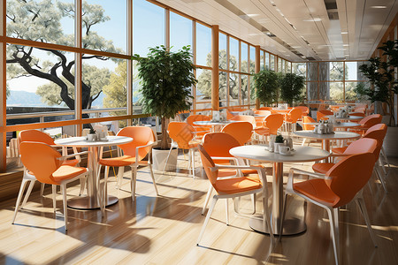 橙色桌椅明亮的校园食堂装潢设计图片