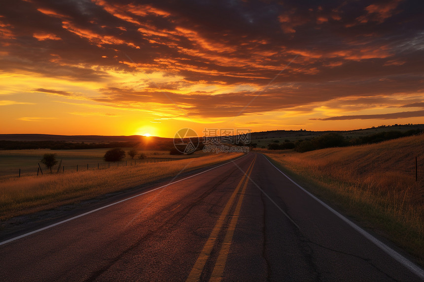 夕阳下的柏油马路图片