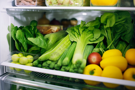 冰箱存储冰箱里装满了新鲜的蔬菜和水背景