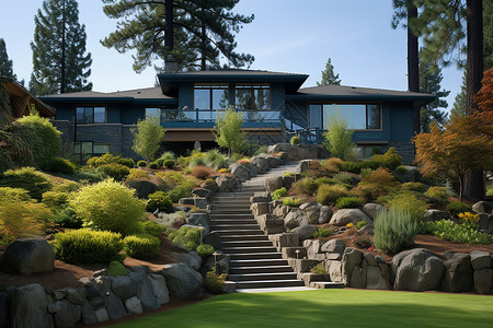 现代豪华别墅建筑的园林景观背景图片
