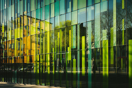 城市中一幢绿色窗户的大楼高清图片