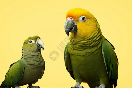 两只鸟儿在黄色背景上背景图片