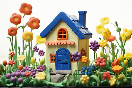 玩具拼贴花园里面美丽的房屋拼贴插画