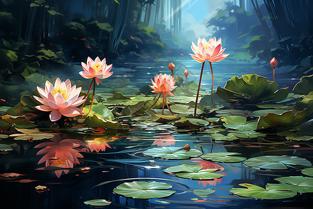 漂亮的里面户外池塘里面的莲花插画