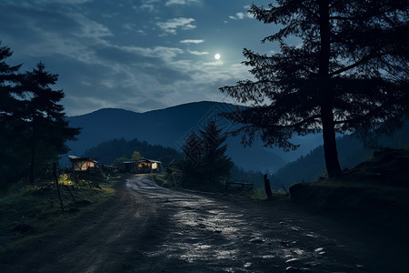 农村的夜晚山林中的村庄道路背景