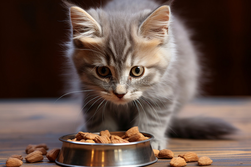地板上吃食物的猫咪图片