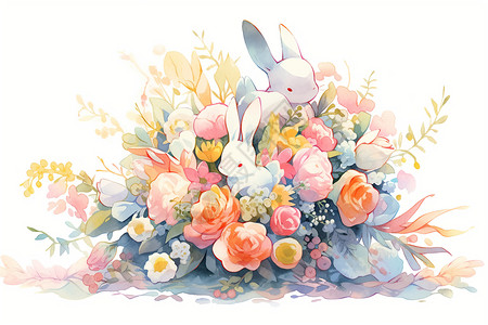 拿着花束兔子花束中可爱的小兔子绘画插画