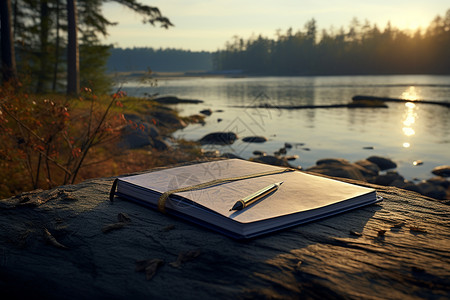湖畔旁的书本背景图片