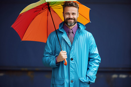 蓝色边框雨伞雨中的微笑背景
