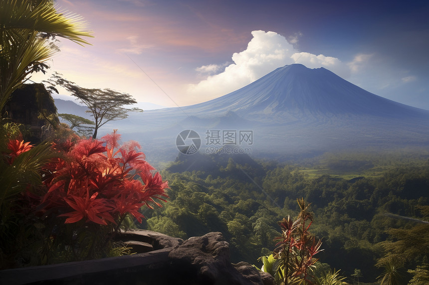 火山与红花图片