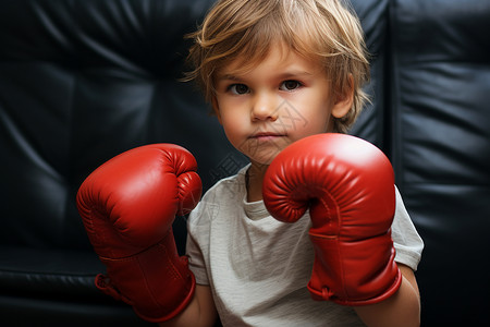 小男孩戴着拳击手套背景图片