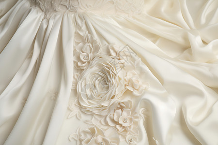白色上的丝绸白色婚纱上的花朵背景