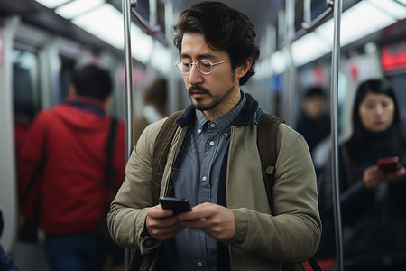 男子在地铁上看手机高清图片