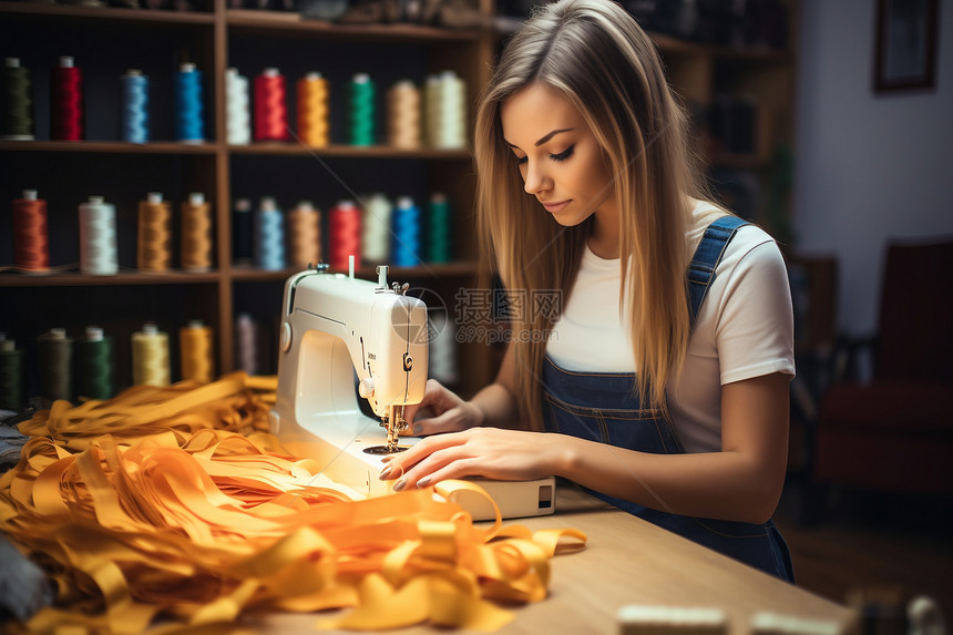 女子使用缝纫机制作服装图片