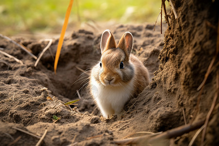 挖洞兔子坐在地洞里背景
