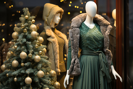 圣诞树旁的服饰模特高清图片