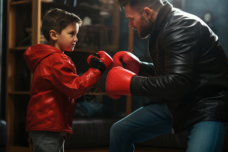 父子俩戴着拳击手套背景图片