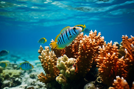 缤纷海洋世界中的鱼群和珊瑚群背景图片