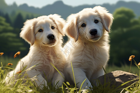 草地花丛中的小狗背景图片