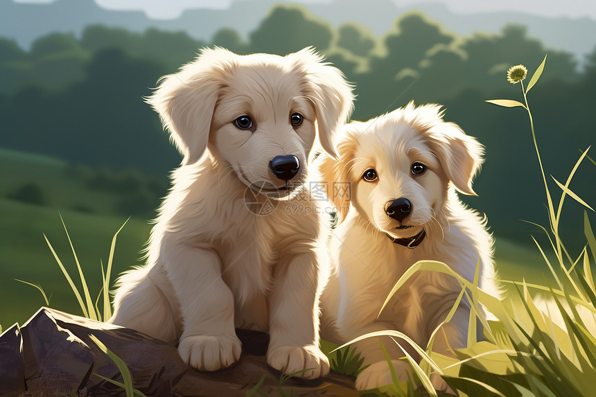 两只小狗坐在一块木块上图片