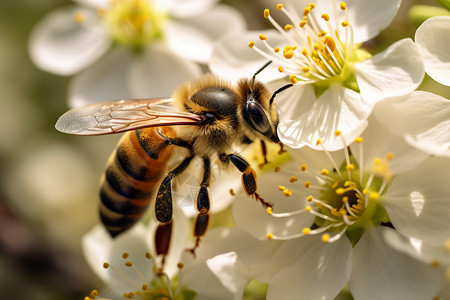 蜜蜂展翅在花朵上背景图片