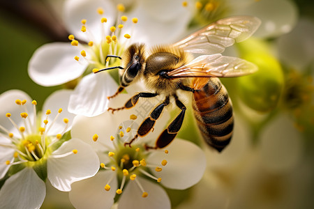 蜜蜂在白色花朵上高清图片