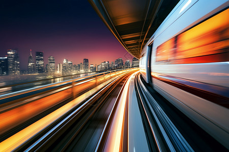 灯火通明的城市飞速穿梭中的火车轨道设计图片
