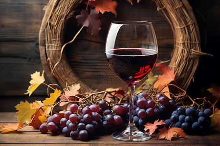 秋叶环绕下的美酒佳肴背景图片