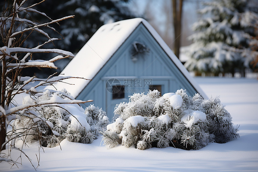 寒冷冬日的丛林小屋景观图片