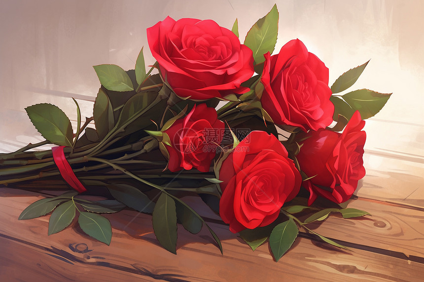 木桌上的玫瑰花束图片