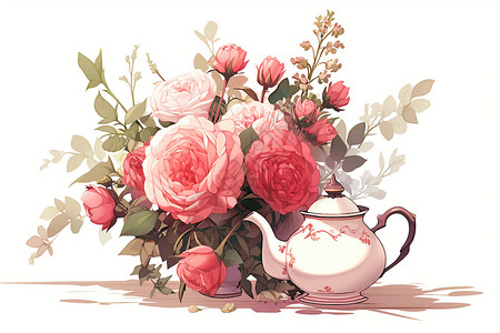 牡丹花束粉红红玫瑰和茶壶插画