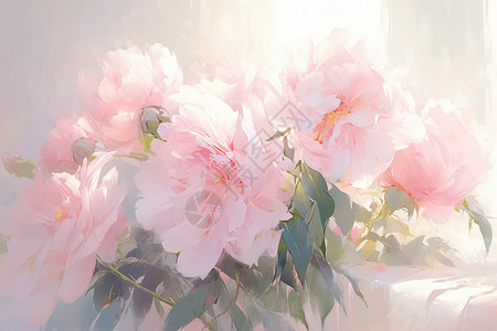粉色花束浪漫一幅描绘了粉色牡丹的油画插画