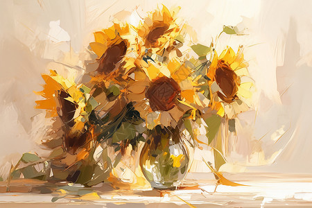 油画向日葵在花瓶里高清图片