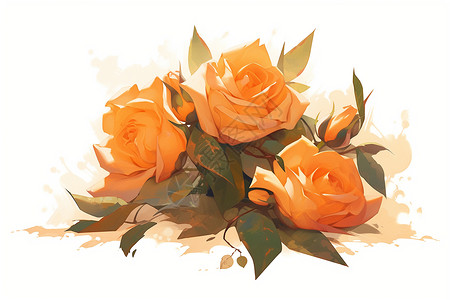 橙色唯美玫瑰花油画风格的橙色玫瑰花插画