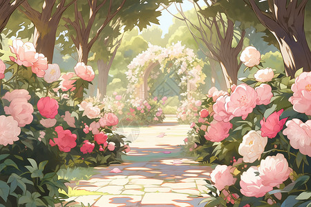 油画静物牡丹园中绽放的鲜花插画