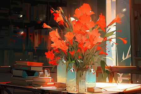 书桌前的一束红色花背景图片