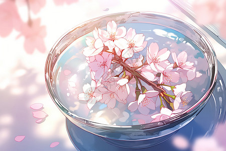 碗中飘落的樱花高清图片