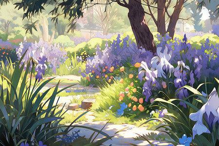 花园里盛开的紫色花背景图片