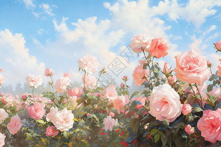 夏季浪漫的玫瑰花海插画