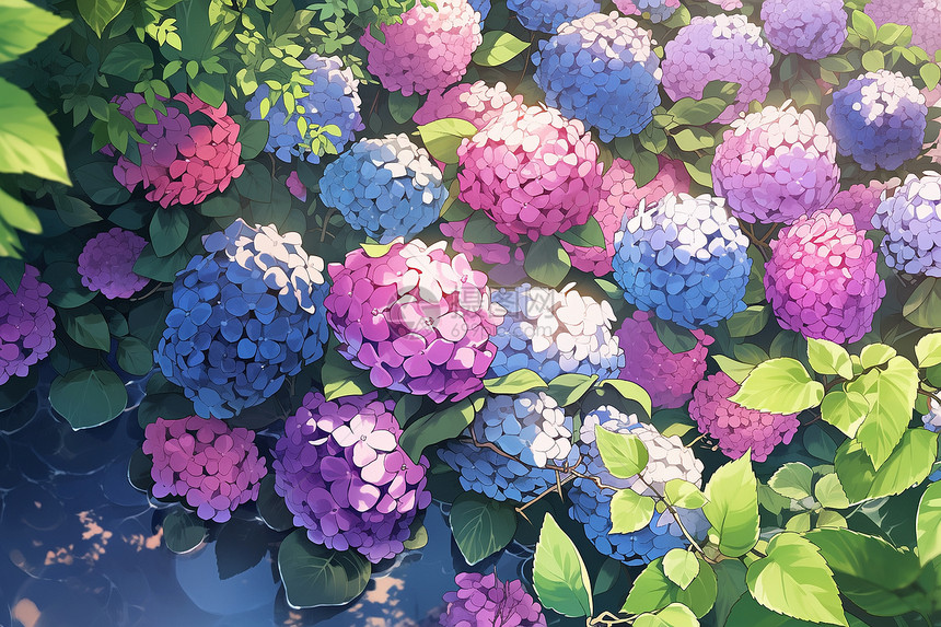 夏季花园中绽放的绣球花花海图片