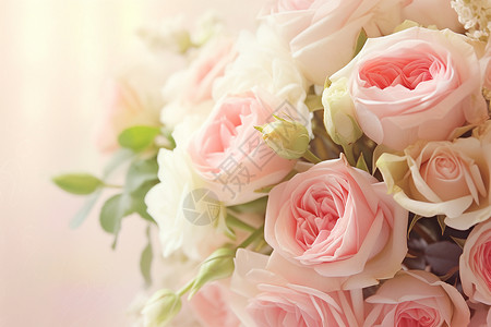 粉色花朵绿植粉白色玫瑰花束近景背景