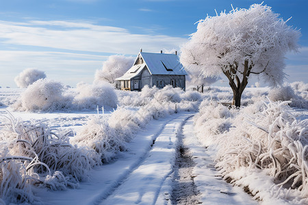 冬日农舍中的飘渺景色背景图片