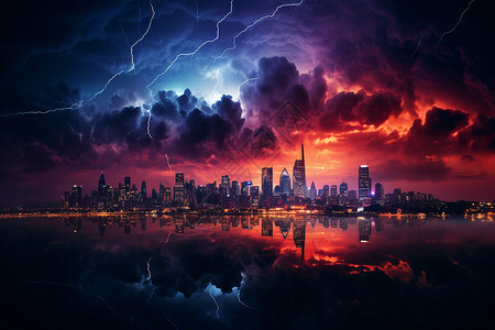 雷电天空夜幕下的城市雷暴景象设计图片