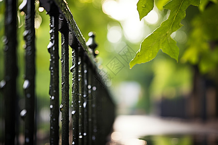 公园围栏雨中绿叶与栅栏背景