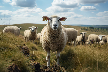 青青草地上一群绵羊背景图片
